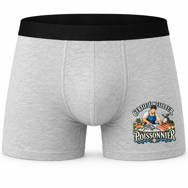Boxer Homme Certifié Meilleur poissonnier | Caleçon Coton Gris Motif Devant Coutures Plates S à 5XL | Idée Cadeau Artisan Fête des Pères Noël