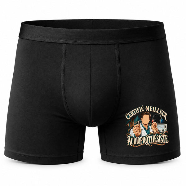 Boxer Homme Certifié Meilleur audioprothésiste | Caleçon Coton Noir Motif Devant Coutures Plates S à 5XL | Idée Cadeau Soignant Fête des Pères Noël