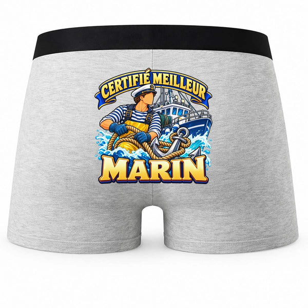 Boxer Homme Certifié Meilleur Marin | modèle 1 | Caleçon Coton Gris Motif au Dos Coutures Plates S à 5XL | Idée Cadeau Fête des Pères Noël