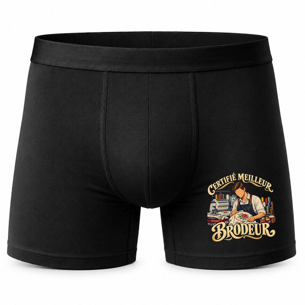 Boxer Homme Certifié Meilleur Brodeur | Caleçon Coton Noir Motif Devant Coutures Plates S à 5XL | Idée Cadeau Artisan Fête des Pères Noël