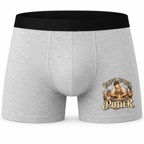 Boxer Homme Certifié Meilleur potier | Caleçon Coton Gris Motif Devant Coutures Plates S à 5XL | Idée Cadeau Artisan Fête des Pères Noël