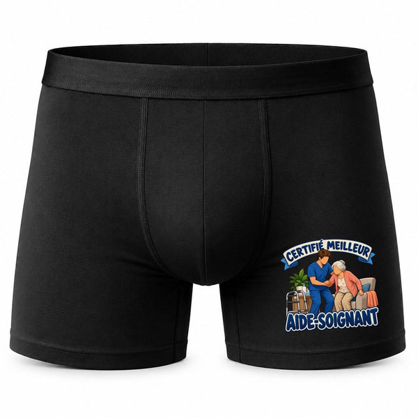 Boxer Homme Certifié Meilleur Aide-Soignant | modèle 2 | Caleçon Coton Noir Motif Devant Coutures Plates S à 5XL | Idée Cadeau Fête des Pères Noël