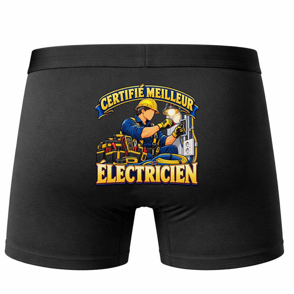 Boxer Homme Certifié Meilleur électricien | modèle 1 | Caleçon Coton Noir Motif au Dos Coutures Plates S à 5XL | Idée Cadeau Artisan Fête des Pères Noël