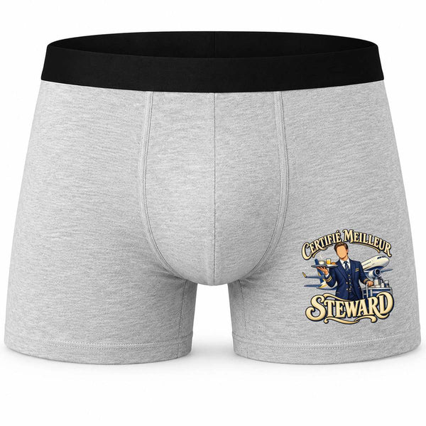 Boxer Homme Certifié Meilleur Steward | Caleçon Coton Gris Motif Devant Coutures Plates S à 5XL | Idée Cadeau Fête des Pères Noël
