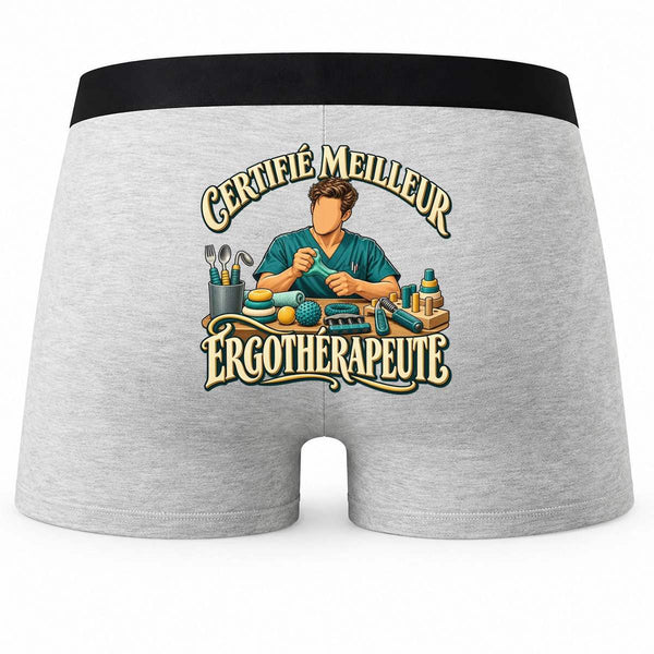 Boxer Homme Certifié Meilleur ergothérapeute | Caleçon Coton Gris Motif au Dos Coutures Plates S à 5XL | Idée Cadeau Soignant Fête des Pères Noël