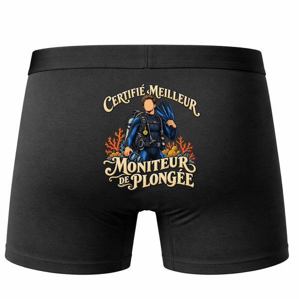 Boxer Homme Certifié Meilleur Moniteur de plongée | Caleçon Coton Noir Motif au Dos Coutures Plates S à 5XL | Idée Cadeau Coach Fête des Pères Noël