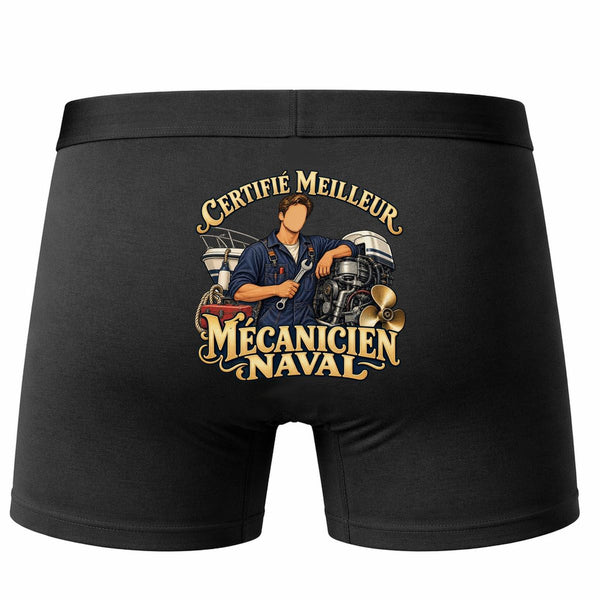 Boxer Homme Certifié Meilleur mécanicien Naval | Caleçon Coton Noir Motif au Dos Coutures Plates S à 5XL | Idée Cadeau Fête des Pères Noël