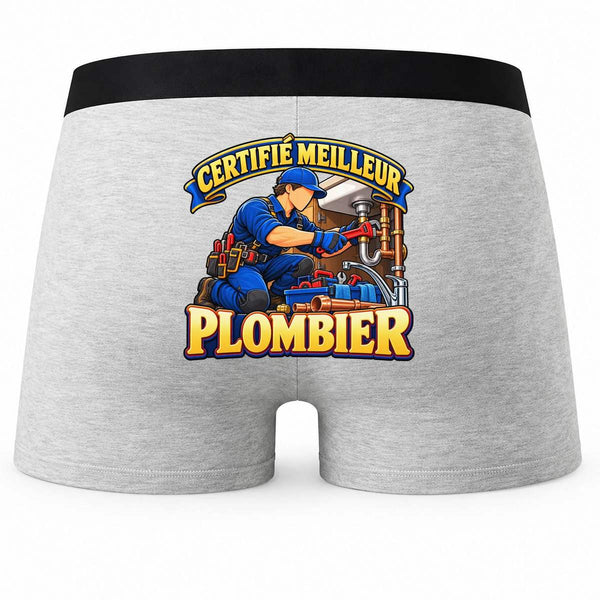 Boxer Homme Certifié Meilleur Plombier | modèle 2 | Caleçon Coton Gris Motif au Dos Coutures Plates S à 5XL | Idée Cadeau Artisan Fête des Pères Noël