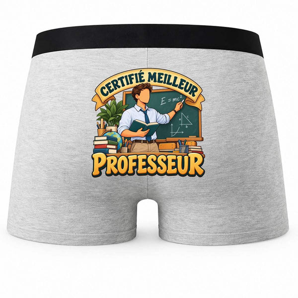 Boxer Homme Certifié Meilleur Professeur | modèle 1 | Caleçon Coton Gris Motif au Dos Coutures Plates S à 5XL | Idée Cadeau Enseignant Fête des Pères Noël