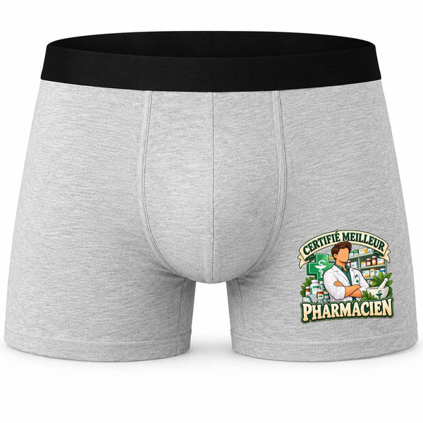 Boxer Homme Certifié Meilleur pharmacien | modèle 1 | Caleçon Coton Gris Motif Devant Coutures Plates S à 5XL | Idée Cadeau Soignant Fête des Pères Noël