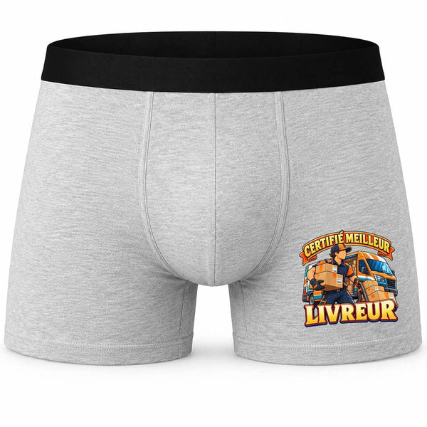 Boxer Homme Certifié Meilleur livreur | modèle 1 | Caleçon Coton Gris Motif Devant Coutures Plates S à 5XL | Idée Cadeau Chauffeur Fête des Pères Noël