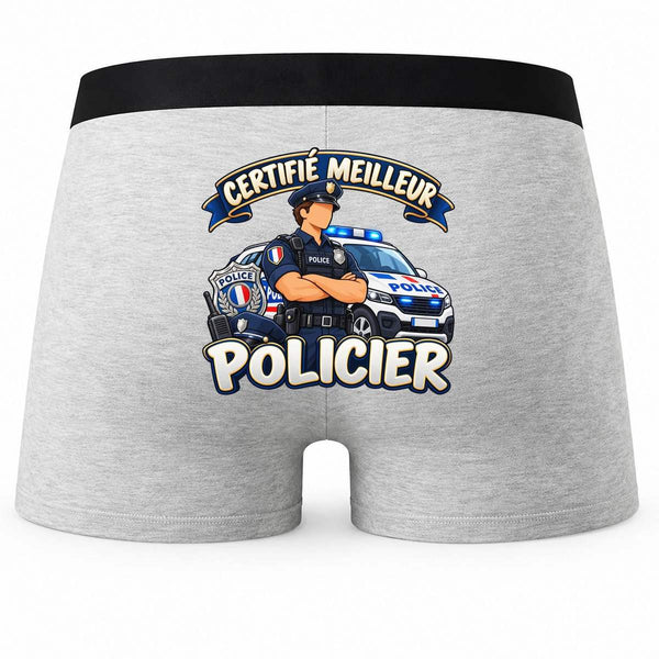 Boxer Homme Certifié Meilleur Policier | modèle 1 | Caleçon Coton Gris Motif au Dos Coutures Plates S à 5XL | Idée Cadeau Fête des Pères Noël