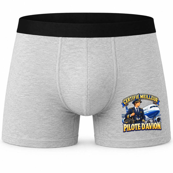 Boxer Homme Certifié Meilleur Pilote d'avion | modèle 1 | Caleçon Coton Gris Motif Devant Coutures Plates S à 5XL | Idée Cadeau Fête des Pères Noël