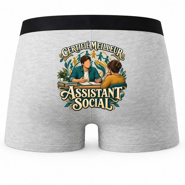 Boxer Homme Certifié Meilleur Assistant Social | Caleçon Coton Gris Motif au Dos Coutures Plates S à 5XL | Idée Cadeau Fête des Pères Noël