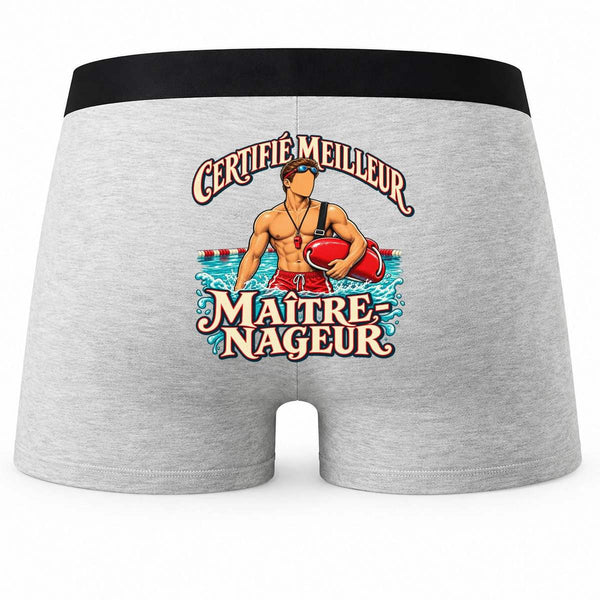 Boxer Homme Certifié Meilleur maître Nageur | Caleçon Coton Gris Motif au Dos Coutures Plates S à 5XL | Idée Cadeau Coach Fête des Pères Noël