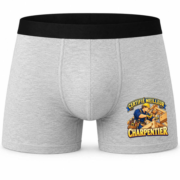 Boxer Homme Certifié Meilleur Charpentier | modèle 2 | Caleçon Coton Gris Motif Devant Coutures Plates S à 5XL | Idée Cadeau Artisan Fête des Pères Noël