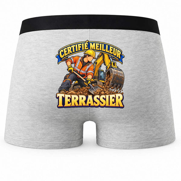 Boxer Homme Certifié Meilleur terrassier | Caleçon Coton Gris Motif au Dos Coutures Plates S à 5XL | Idée Cadeau Artisan Bâtiment Fête des Pères Noël
