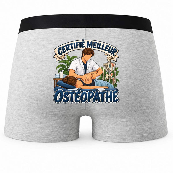 Boxer Homme Certifié Meilleur ostéopathe | modèle 2 | Caleçon Coton Gris Motif au Dos Coutures Plates S à 5XL | Idée Cadeau Soignant Fête des Pères Noël