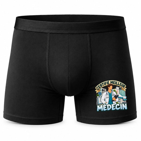 Boxer Homme Certifié Meilleur médecin | modèle 1 | Caleçon Coton Noir Motif Devant Coutures Plates S à 5XL | Idée Cadeau Soignant Fête des Pères Noël