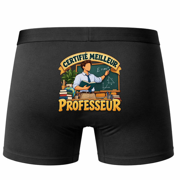 Boxer Homme Certifié Meilleur Professeur | modèle 2 | Caleçon Coton Noir Motif au Dos Coutures Plates S à 5XL | Idée Cadeau Enseignant Fête des Pères Noël