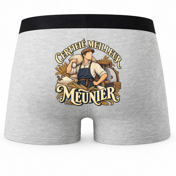Boxer Homme Certifié Meilleur meunier | Caleçon Coton Gris Motif au Dos Coutures Plates S à 5XL | Idée Cadeau Artisan Fête des Pères Noël