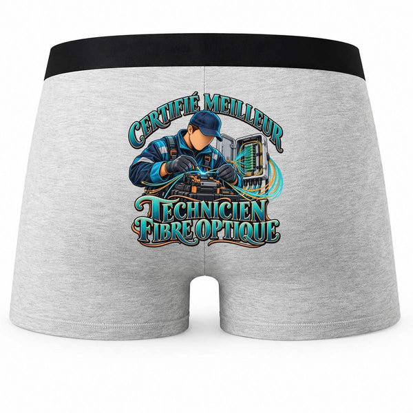 Boxer Homme Certifié Meilleur Technicien Fibre Optique | Caleçon Coton Gris Motif au Dos Coutures Plates S à 5XL | Idée Cadeau Fête des Pères Noël