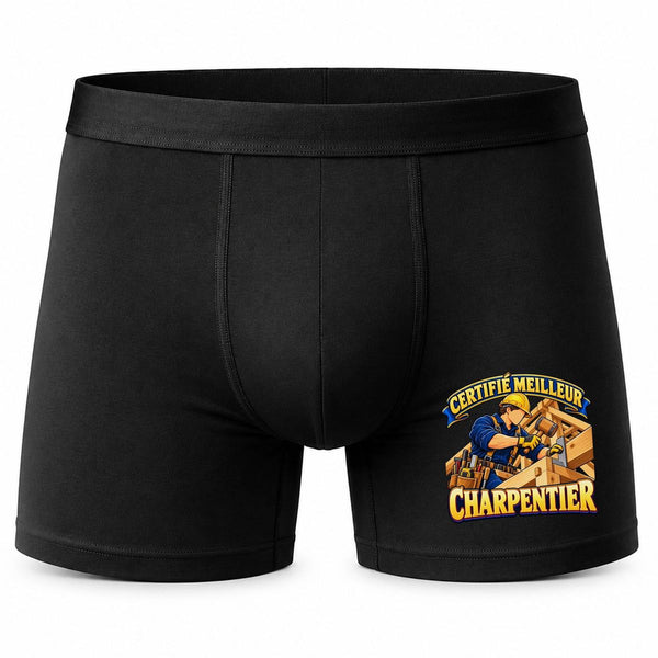 Boxer Homme Certifié Meilleur Charpentier | modèle 1 | Caleçon Coton Noir Motif Devant Coutures Plates S à 5XL | Idée Cadeau Artisan Fête des Pères Noël