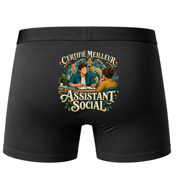 Boxer Homme Certifié Meilleur Assistant Social | Caleçon Coton Noir Motif au Dos Coutures Plates S à 5XL | Idée Cadeau Fête des Pères Noël