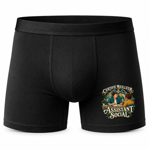 Boxer Homme Certifié Meilleur Assistant Social | Caleçon Coton Noir Motif Devant Coutures Plates S à 5XL | Idée Cadeau Fête des Pères Noël