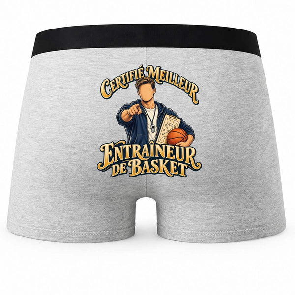 Boxer Homme Certifié Meilleur entraîneur de Basket | Caleçon Coton Gris Motif au Dos Coutures Plates S à 5XL | Idée Cadeau Coach Fête des Pères Noël