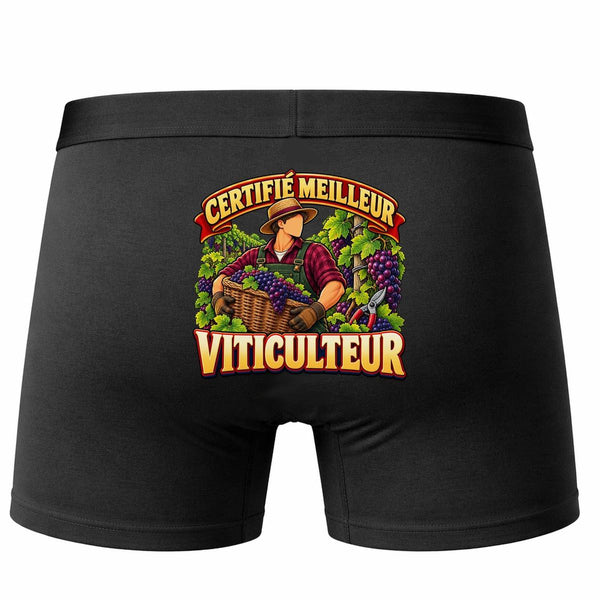 Boxer Homme Certifié Meilleur viticulteur | modèle 1 | Caleçon Coton Noir Motif au Dos Coutures Plates S à 5XL | Idée Cadeau Agriculteur Fête des Pères Noël