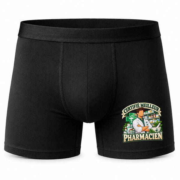 Boxer Homme Certifié Meilleur pharmacien | modèle 2 | Caleçon Coton Noir Motif Devant Coutures Plates S à 5XL | Idée Cadeau Soignant Fête des Pères Noël