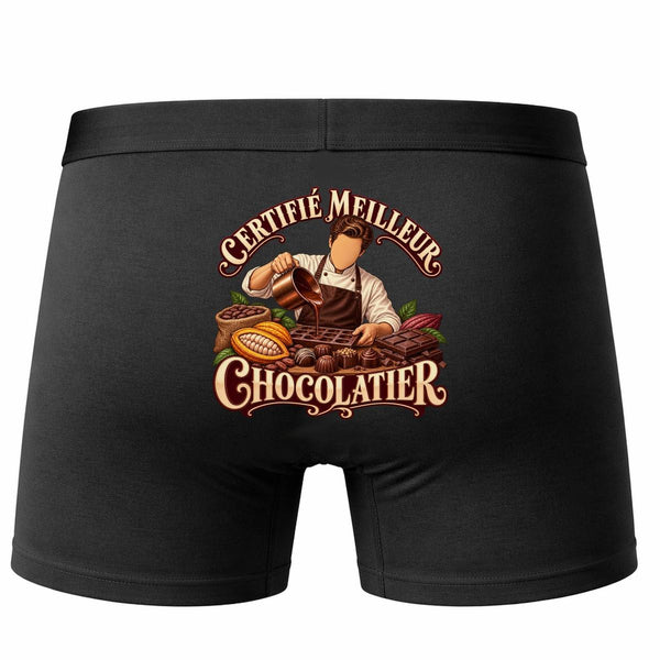 Boxer Homme Certifié Meilleur Chocolatier | Caleçon Coton Noir Motif au Dos Coutures Plates S à 5XL | Idée Cadeau Artisan Fête des Pères Noël