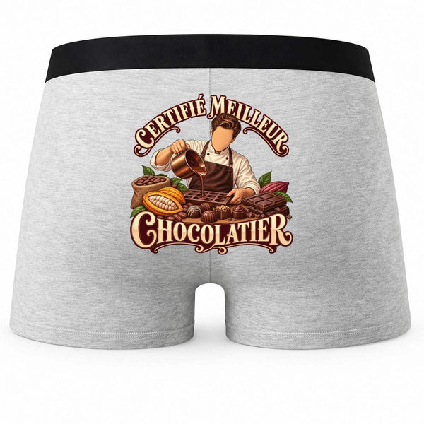 Boxer Homme Certifié Meilleur Chocolatier | Caleçon Coton Gris Motif au Dos Coutures Plates S à 5XL | Idée Cadeau Artisan Fête des Pères Noël