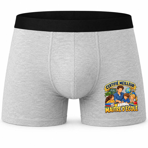 Boxer Homme Certifié Meilleur maître d'école | modèle 2 | Caleçon Coton Gris Motif Devant Coutures Plates S à 5XL | Idée Cadeau Enseignant Fête des Pères Noël