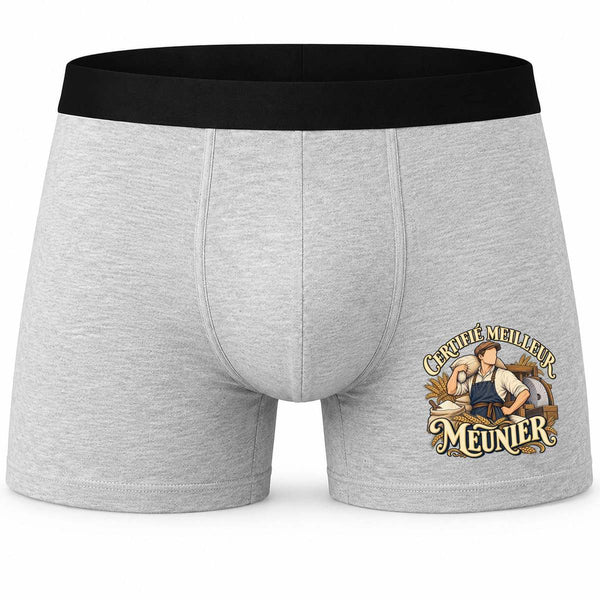 Boxer Homme Certifié Meilleur meunier | Caleçon Coton Gris Motif Devant Coutures Plates S à 5XL | Idée Cadeau Artisan Fête des Pères Noël