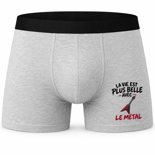 Boxer Homme La Vie est Plus Belle avec Le métal | Caleçon Coton Gris Motif Devant Coutures Plates S à 5XL | Idée Cadeau Mélomane Fête des Pères Noël