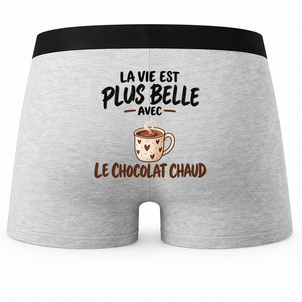 Boxer Homme La Vie est Plus Belle avec Le Chocolat Chaud | modèle 1 | Caleçon Coton Gris Motif au Dos Coutures Plates S à 5XL | Idée Cadeau Fête des Pères Noël