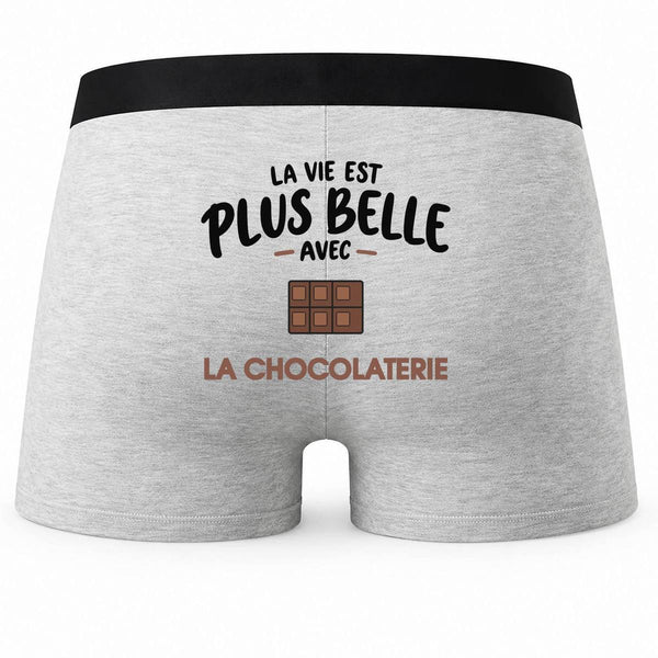 Boxer Homme La Vie est Plus Belle avec la chocolaterie | modèle 2 | Caleçon Coton Gris Motif au Dos Coutures Plates S à 5XL | Idée Cadeau Chocolatier Fête des Pères Noël