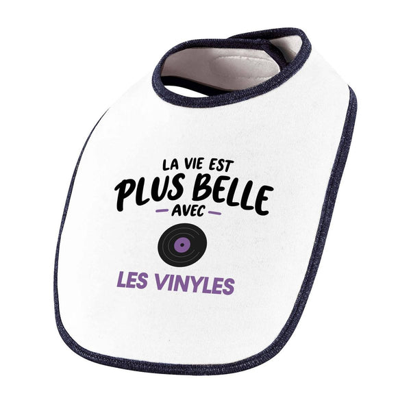 Bavoir Bébé La vie est plus belle avec les vinyles | modèle 1 | Coton Double Épaisseur Attache Auto-Agrippante | Repas Fille Garçon Mixte | Idée Cadeau Mélomane Naissance Baby Shower