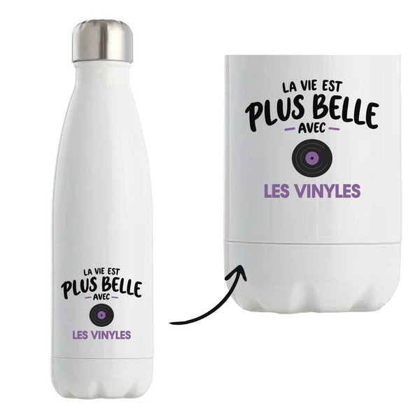 Gourde Isotherme La vie est plus belle avec les vinyles | modèle 2 | Bouteille Inox Double Paroi 500 ml Froid 24 h Chaud 12 h | Sport Bureau Randonnée Vélo | Idée Cadeau Mélomane Noël Départ