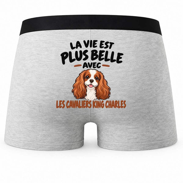 Boxer Homme La Vie est Plus Belle avec Les Cavaliers King Charles | modèle 2 | Caleçon Coton Gris Motif au Dos Coutures Plates S à 5XL | Idée Cadeau Propriétaire Chien Fête des Pères Noël