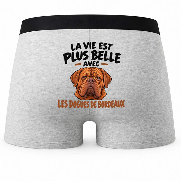 Boxer Homme La Vie est Plus Belle avec Les Dogues de Bordeaux | modèle 1 | Caleçon Coton Gris Motif au Dos Coutures Plates S à 5XL | Idée Cadeau Propriétaire Chien Fête des Pères Noël