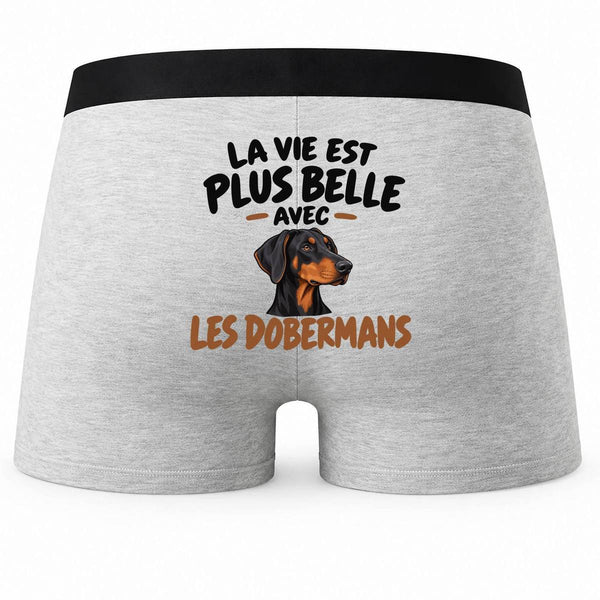 Boxer Homme La Vie est Plus Belle avec Les Dobermans | modèle 1 | Caleçon Coton Gris Motif au Dos Coutures Plates S à 5XL | Idée Cadeau Propriétaire Chien Fête des Pères Noël