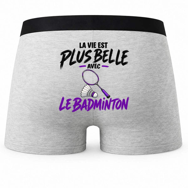 Boxer Homme La Vie est Plus Belle avec Le Badminton | modèle 2 | Caleçon Coton Gris Motif au Dos Coutures Plates S à 5XL | Idée Cadeau Fête des Pères Noël