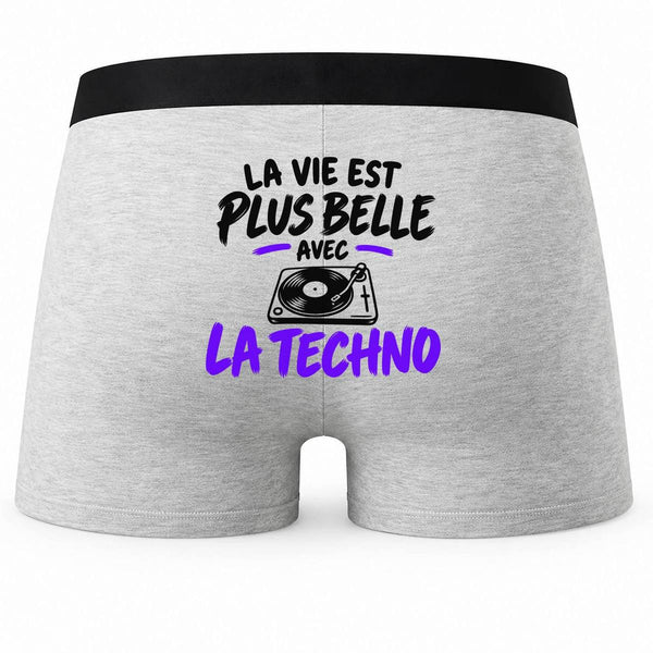 Boxer Homme La Vie est Plus Belle avec la Techno | modèle 2 | Caleçon Coton Gris Motif au Dos Coutures Plates S à 5XL | Idée Cadeau Mélomane Fête des Pères Noël