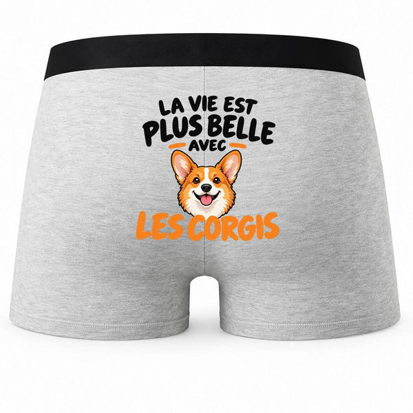 Boxer Homme La Vie est Plus Belle avec Les Corgis | modèle 2 | Caleçon Coton Gris Motif au Dos Coutures Plates S à 5XL | Idée Cadeau Propriétaire Chien Fête des Pères Noël