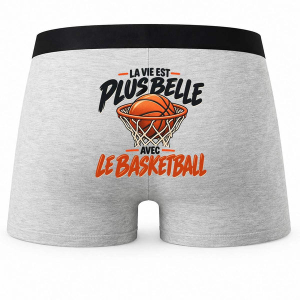 Boxer Homme La Vie est Plus Belle avec Le Basketball | Caleçon Coton Gris Motif au Dos Coutures Plates S à 5XL | Idée Cadeau Basketteur Fête des Pères Noël