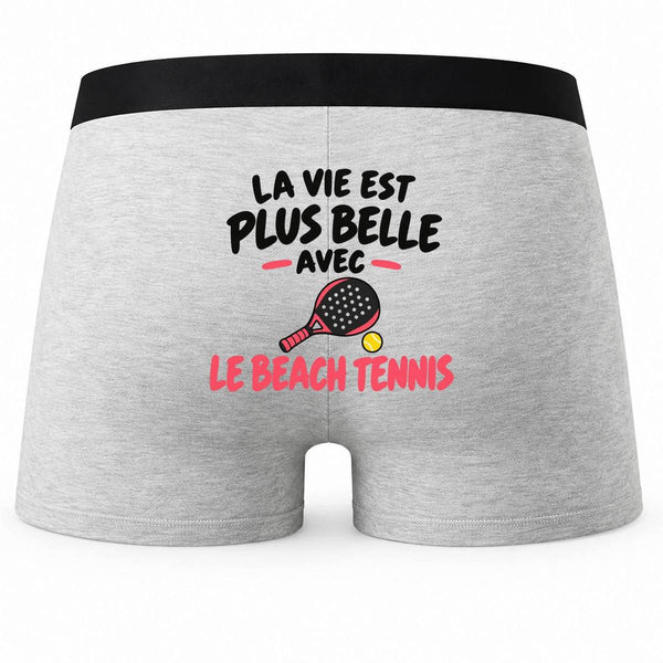 Boxer Homme La Vie est Plus Belle avec Le Beach Tennis | modèle 3 | Caleçon Coton Gris Motif au Dos Coutures Plates S à 5XL | Idée Cadeau Fête des Pères Noël