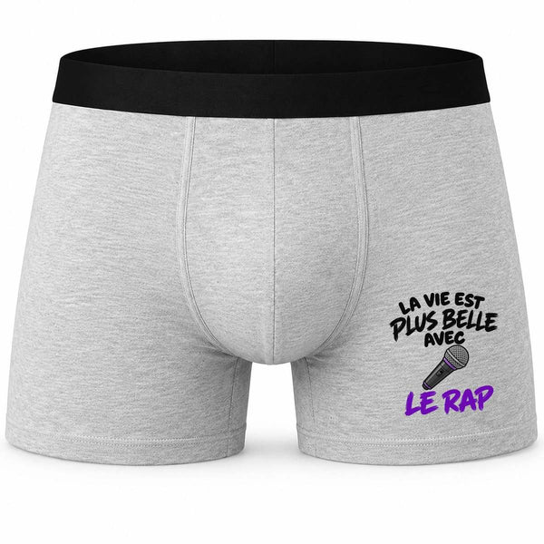 Boxer Homme La Vie est Plus Belle avec Le Rap | Caleçon Coton Gris Motif Devant Coutures Plates S à 5XL | Idée Cadeau Mélomane Fête des Pères Noël